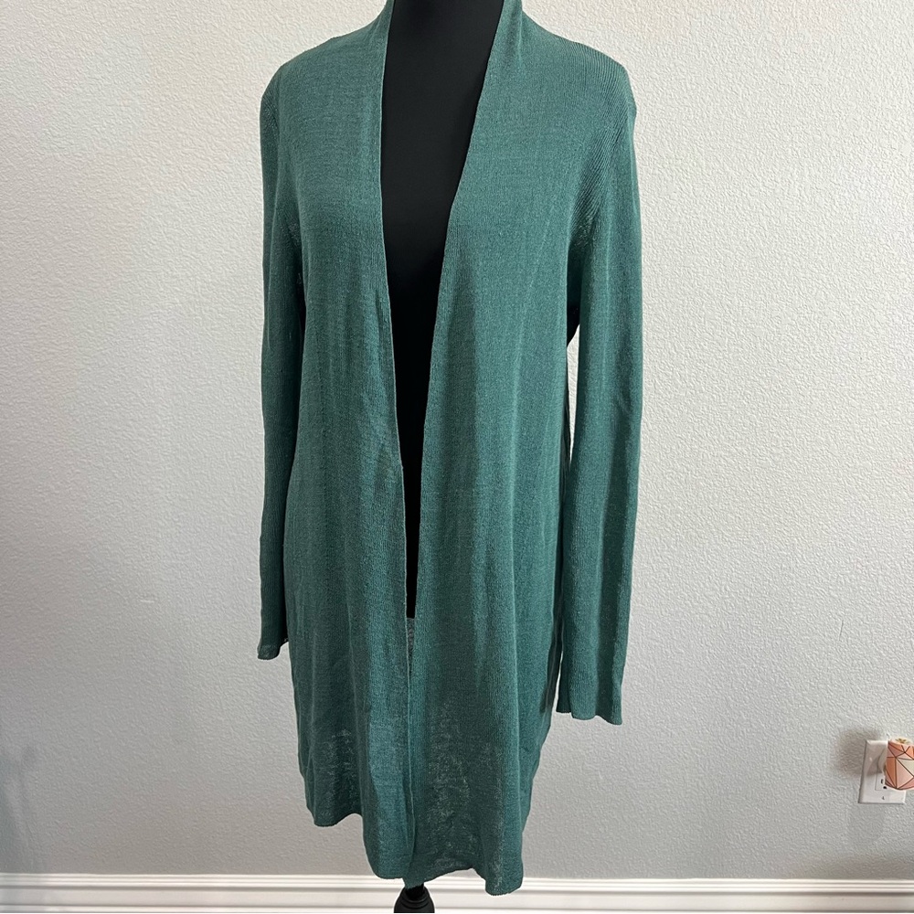 Eileen Fisher Open-Front Long Cardigan in Teal Green